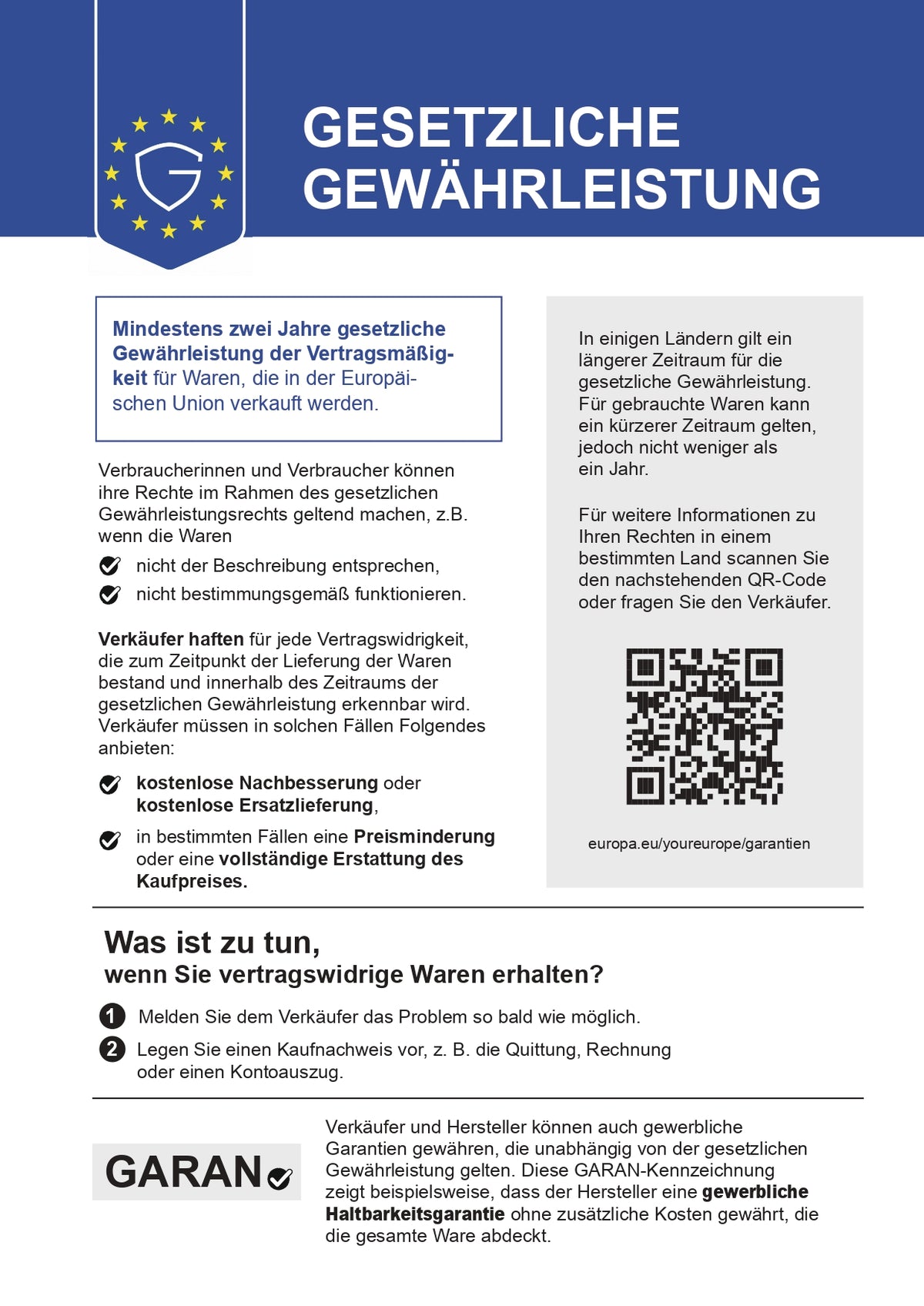 EU-Gewährleistunglabel – harmonisierte Mitteilung über das gesetzliche Gewährleistungsrecht